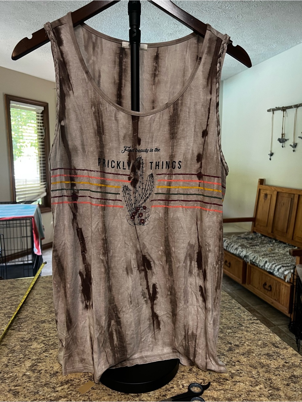 Maurice’s Women’s Taupe Tie-Dye Sleeveless Tank with southwest Cactus Graphic